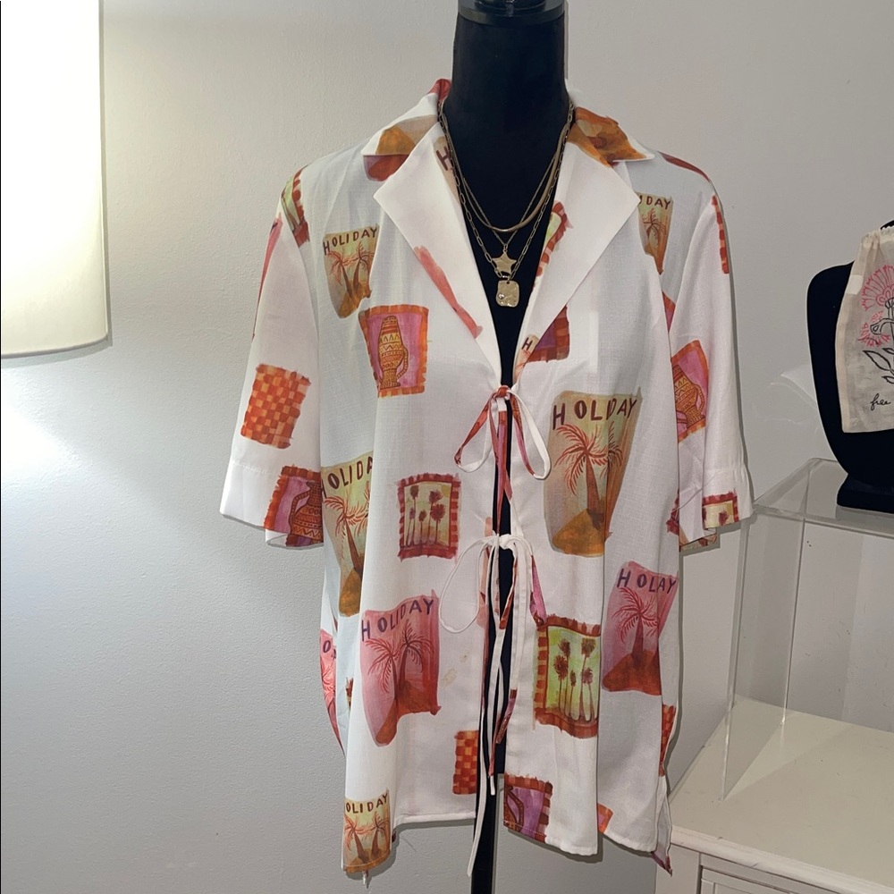 Petal & Pup Print Button Down Shirt - White, Orange, Pink